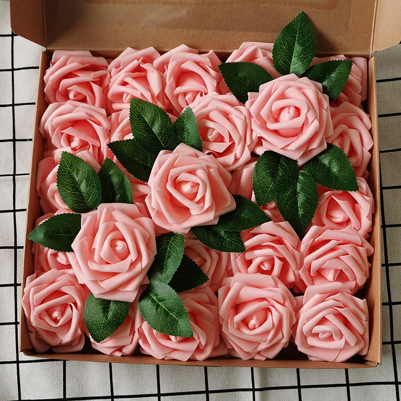 

25Pcs/Box 8cm Artificial Flowers PE Rose Head Fake Plants Leaves DIY Foam Flower Ball Wedding Wreath Valentine's Day Bouquet