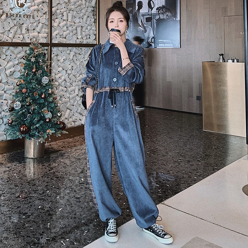 Workwear jumpsuit female 2021 spring new Korean style loose handsome student casual wide leg high waist jumpsuit pants women s44