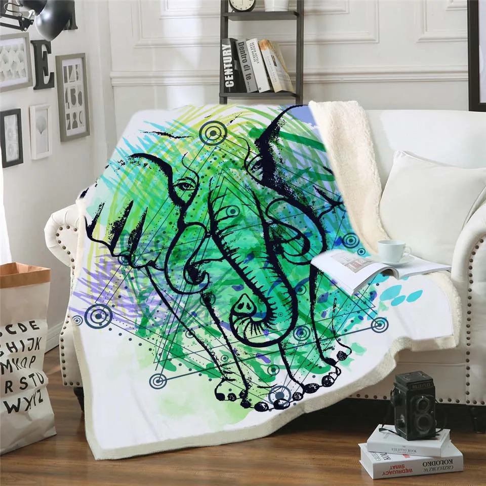 

2021 Elephant Sherpa Fleece Blanket Watercolor Elephant Soft Fluffy Blanket Animal Flower Custom Fashion blanket Bed Decor