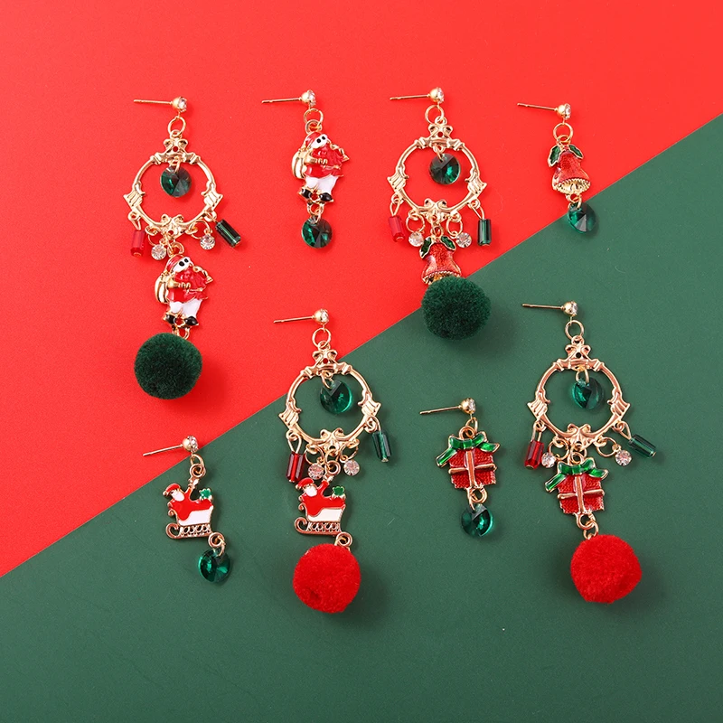 

Christmas Style Earrings Plush Green Red Artificial Crystal Santa Claus Sled For Women Hairball Fashion Jewelry Accessories