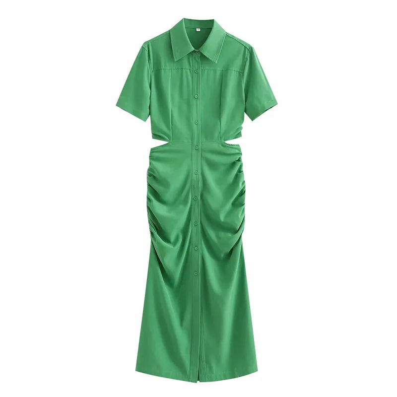 

Evfer Fashion Ladies Waistless Summer Short Sleeve Green Long Dresses Womens Casual Single Breasted Side Pleated Solid Dress