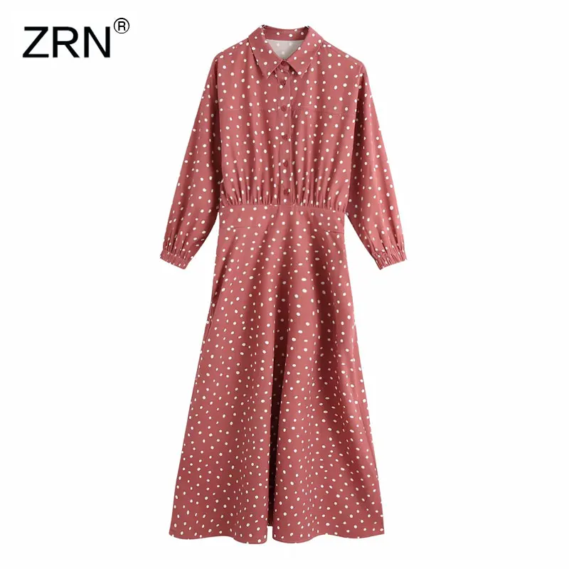 Женское винтажное платье рубашка в горошек ZRN миди с отложным воротником и
