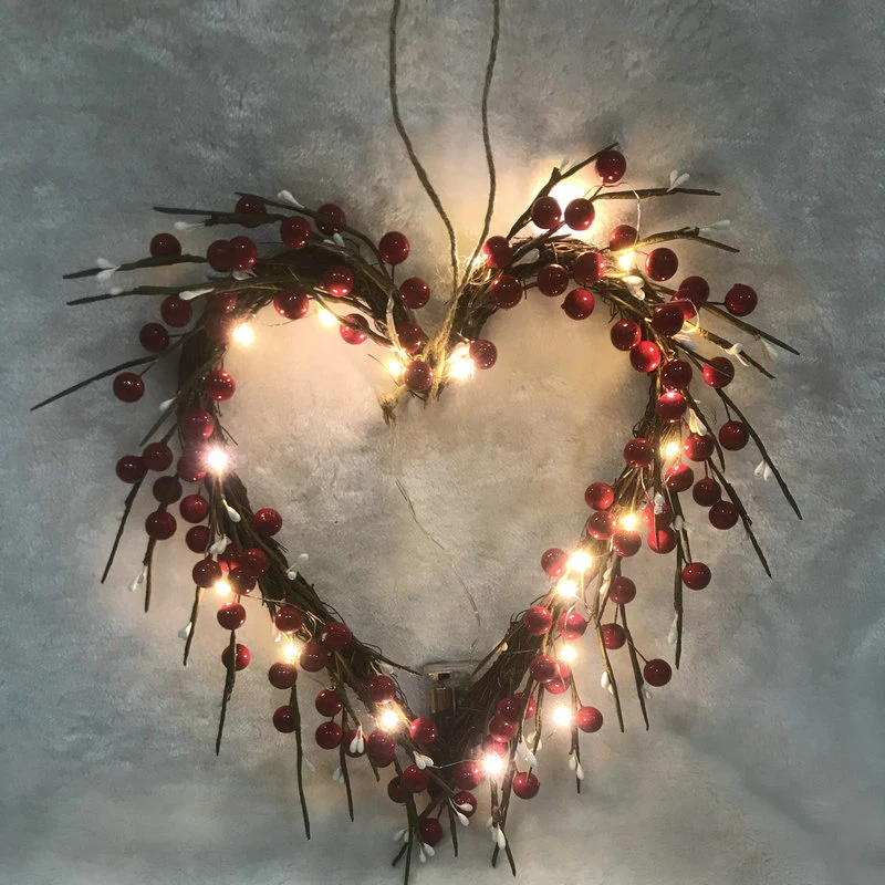 

Венок ко Дню Святого Валентина, украшение для входной двери, венки в форме красных ягод в форме сердца с 20 светодиодами на батарейках LB88