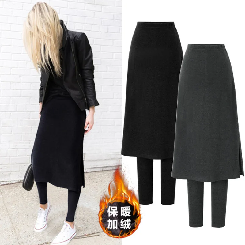 

Timis Li Women Fake 2 Pieces Long Skirt with Legging inside Bodycon Skirt Slim Knee Length High Waist Stretch Skirts Jupe Femme