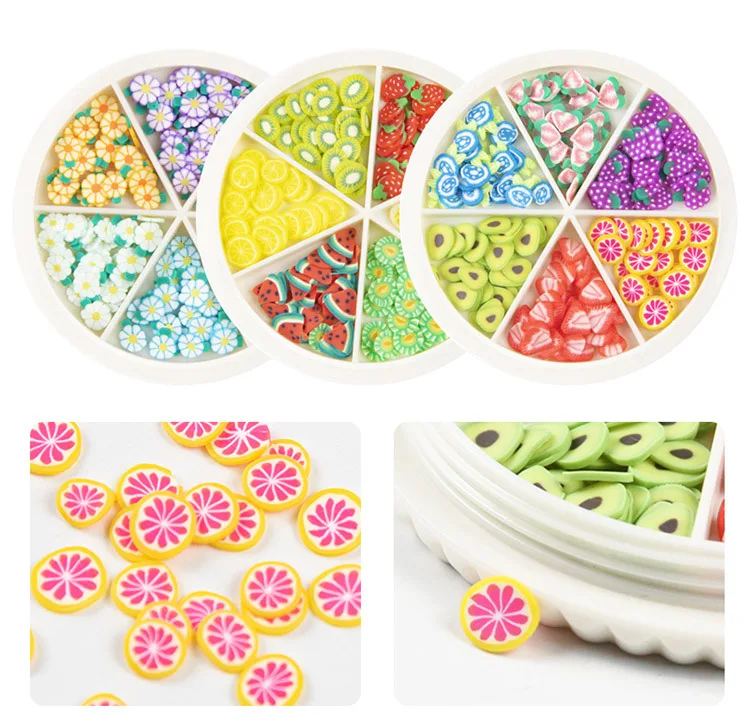 

Mixed Fruit Polymer Soft Clay Flakes Round Box for UV Epoxy Resin Silicone Mold Flakes Slime Filler Making Nail Art DIY