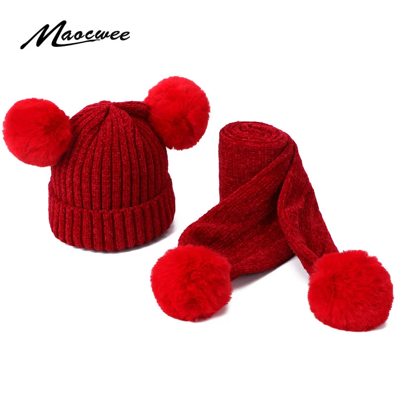 

Children Scarf Hat Set Girls Winter Warm Suede PomPon Beanies Knitted Cap Wool Crochet Caps Unisex Kids Striped Skullies Hats