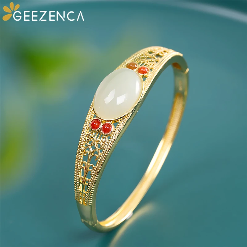 

GEEZENCA Natural Jade S925 Silver Gold Plated Bracelet Bangles For Women Inlaid Red Agate Hollow Out Bangle Ethnic Vintage Gift