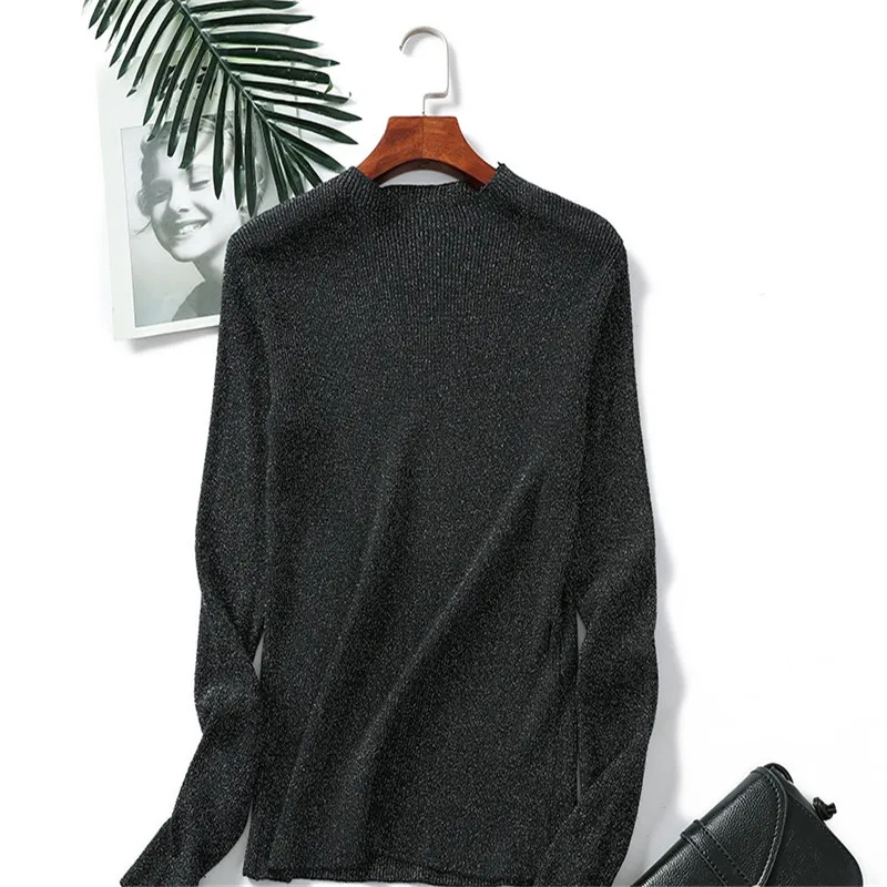 Knitted Women Sweater Solid Pullover Sexy Gold Silver New Round Neck Long Sleeve Autumn Winter Female Casual | Женская одежда
