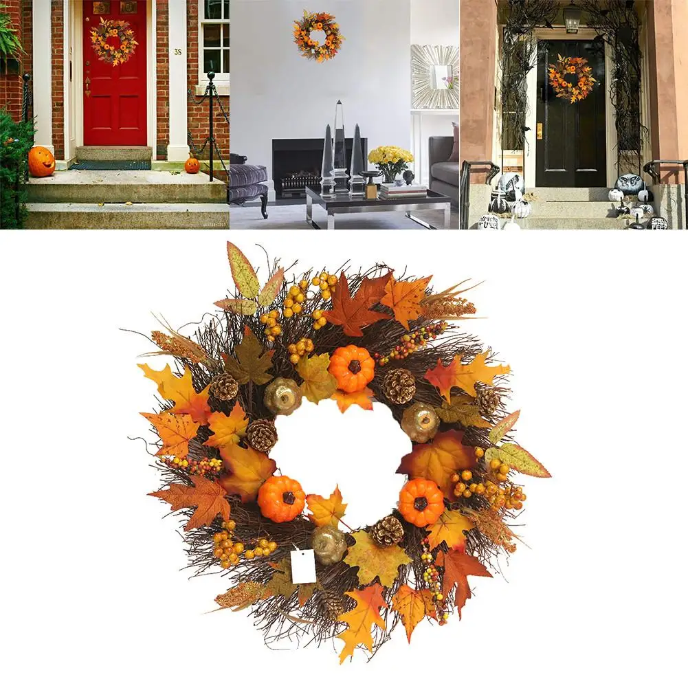 

60cm Halloween Decoration Autumn Door Pumpkin Wreath Autumn Color Maple Leaf Wreath Maple Leaf Shaped Artificial Garland