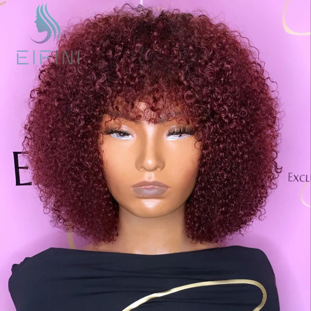 

Ombre Jerry Curly Short Bob Human Hair Wigs For Women With Bangs 1B/99J Colored Malaysian Remy Full Machine Made Wigs Glueless