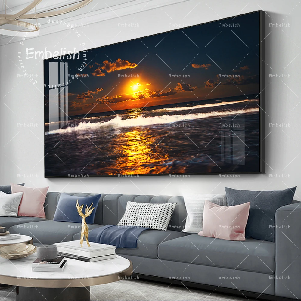 

Full Moon Rising Over Sea Waves Landscape HD Canvas Paintings Beach Wall Art Pictures Modern Home Decor Pictures For Living Room