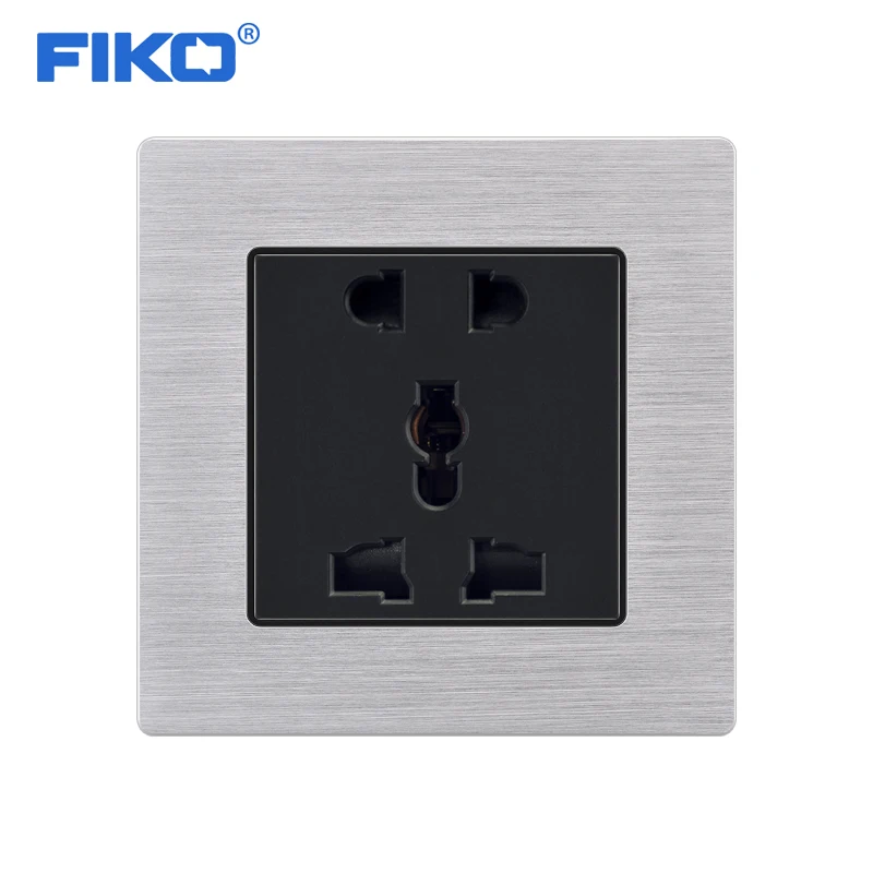 

FIKO Silver Aluminium Alloy Panel 86mm*86mm 13A universal 5 pin wall power Household socket family hotel socket