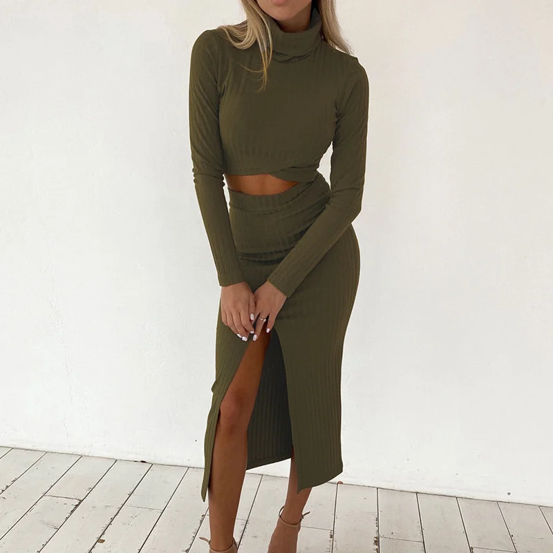 

Women's skirt two-piece suit with high neck tight-fitting short long-sleeved top + high waist split slim hip skirt sexy autumn