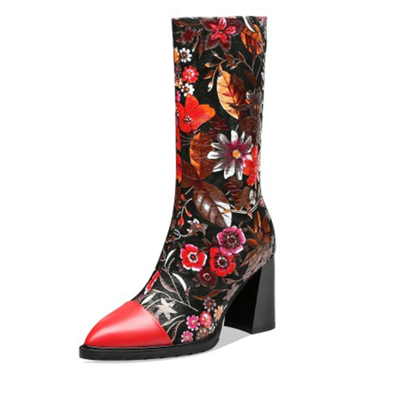 Koop Vrouwelijke Echte Vrouw Wees Teen Schoenen Handgemaakte Mid-Kalf Zwart Bloemen Laarzen Rubber Hoge Hakken Handgemaakte Rijden Normale Grootte 2019