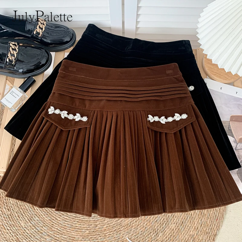 

Винтажная бархатная юбка с бусинами Julypalette, женские плиссированные юбки А-силуэта с высокой талией, Осень-зима 2021, модные мини-юбки