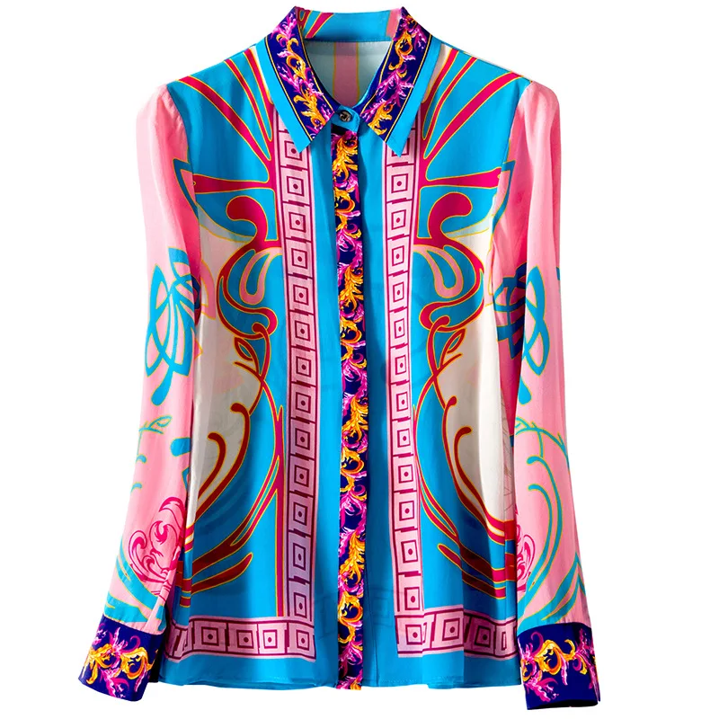 Рубашка с принтом красного и синего цвета Элегантный Приталенный топ длинными