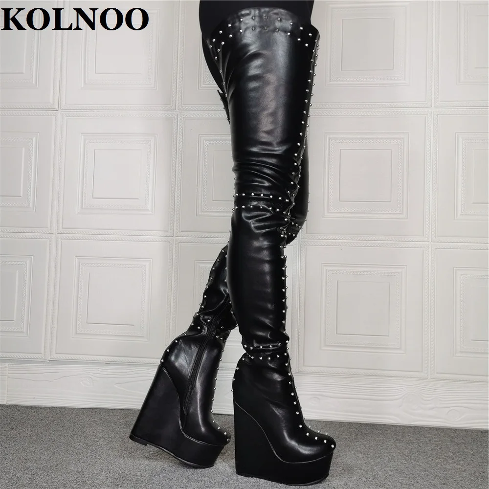 Kolnoo Newest Handmade Womens Thigh-high Boots Rivets Spikes Wedges Heels Real Photos Club Over Knee Boots Winter Fashion Shoes