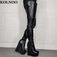 kolnoo newest handmade womens thigh high boots rivets spikes wedges heels real photos club over knee boots winter fashion shoes