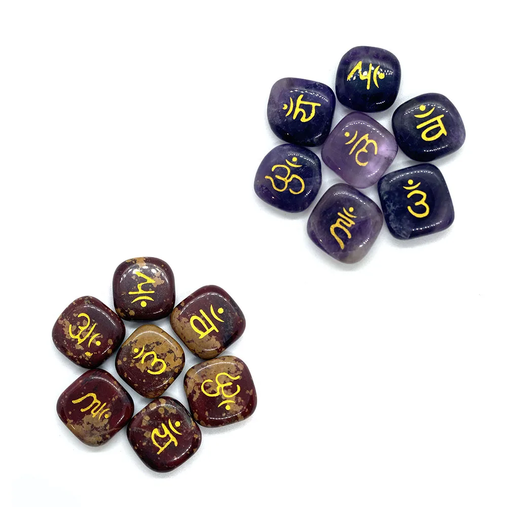 

7 Pieces/set of Natural Stone Amethyst Charm Seven Chakra Reiki Stone Carved Symbol Divination Stone Crystal Healing Stone 20 Mm