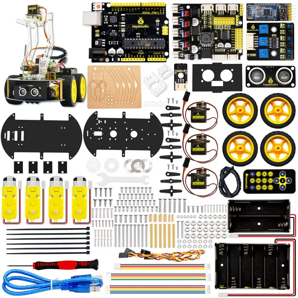 Keyestudio 4WD Mechanical Arm Robot Smart Car for Arduino Robot /Support Android &IOS