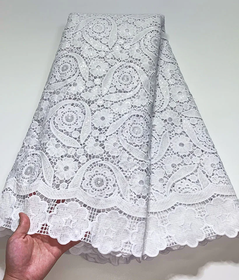 

5 Yards Pure White Sequins Water Soluble Lace Fabric African Cord Lace Fabric High Quality Guipure Nigeria Lace Fabric For Party