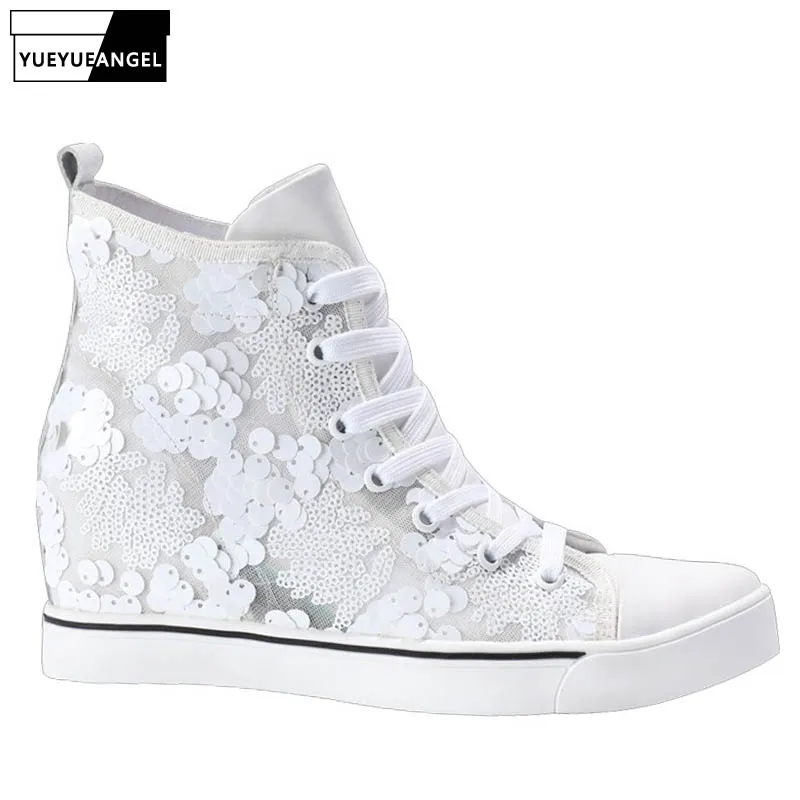 

New Fashion Women High Top Genuine Leather Wedges Shoes Hidden Heels Hollow Out Mesh Sequins Lace Up Casual Pumps Platform Shoes