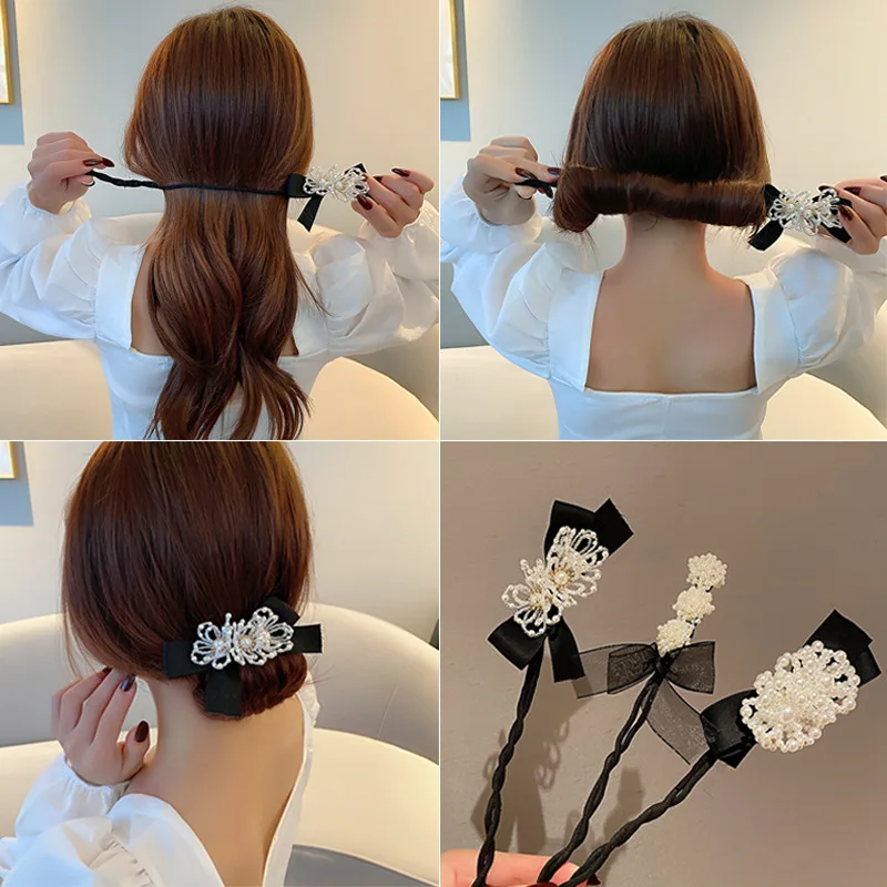 

The New Style of Braided Hairdresser Temperament New Ball Head Set Hairdresser Net Celebrity Lazy Pearl Diamond Braided Hair