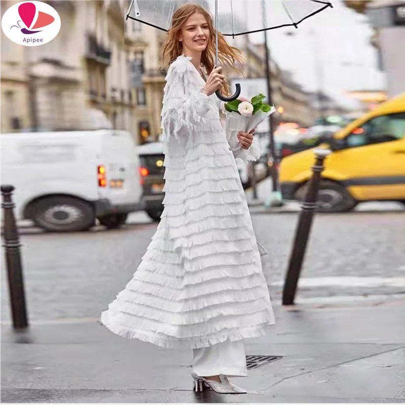 

Женское винтажное платье с длинным рукавом, белое длинное платье с V-образным вырезом, вышивкой и бахромой, элегантное праздничное платье на...