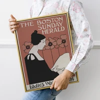 the boston sunday herald vintage poster ethel reed woman reading newspaper canvas painting art nouveau movement style wall art