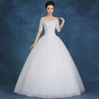 white boat neck embroidery wedding dress half sleeves tulle floor length fashion lace up plus size wedding gowns for women g154