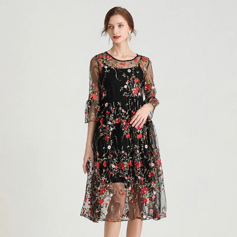 Encaje vestido de verano en Tallas grandes mujer 2021 moda elegante bordado Floral rosa de fiesta negro playa Bohemia ropas de vestido de Dama
