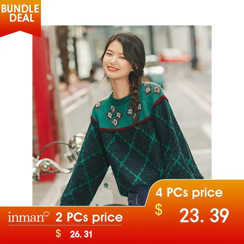 INMAN Winter New Arrival Literary O-neck Jacquard Contrast Color Thick Loose Women Pullover