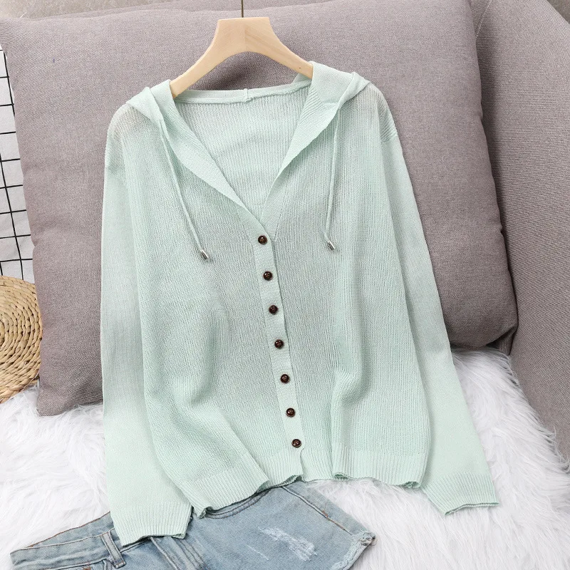 

2021 Summer Knitted Cardigan Hooded Full Single Breasted Coat Ice Silk Sweater Thin Hollow Sunscreen Outside Colorful Cardigan