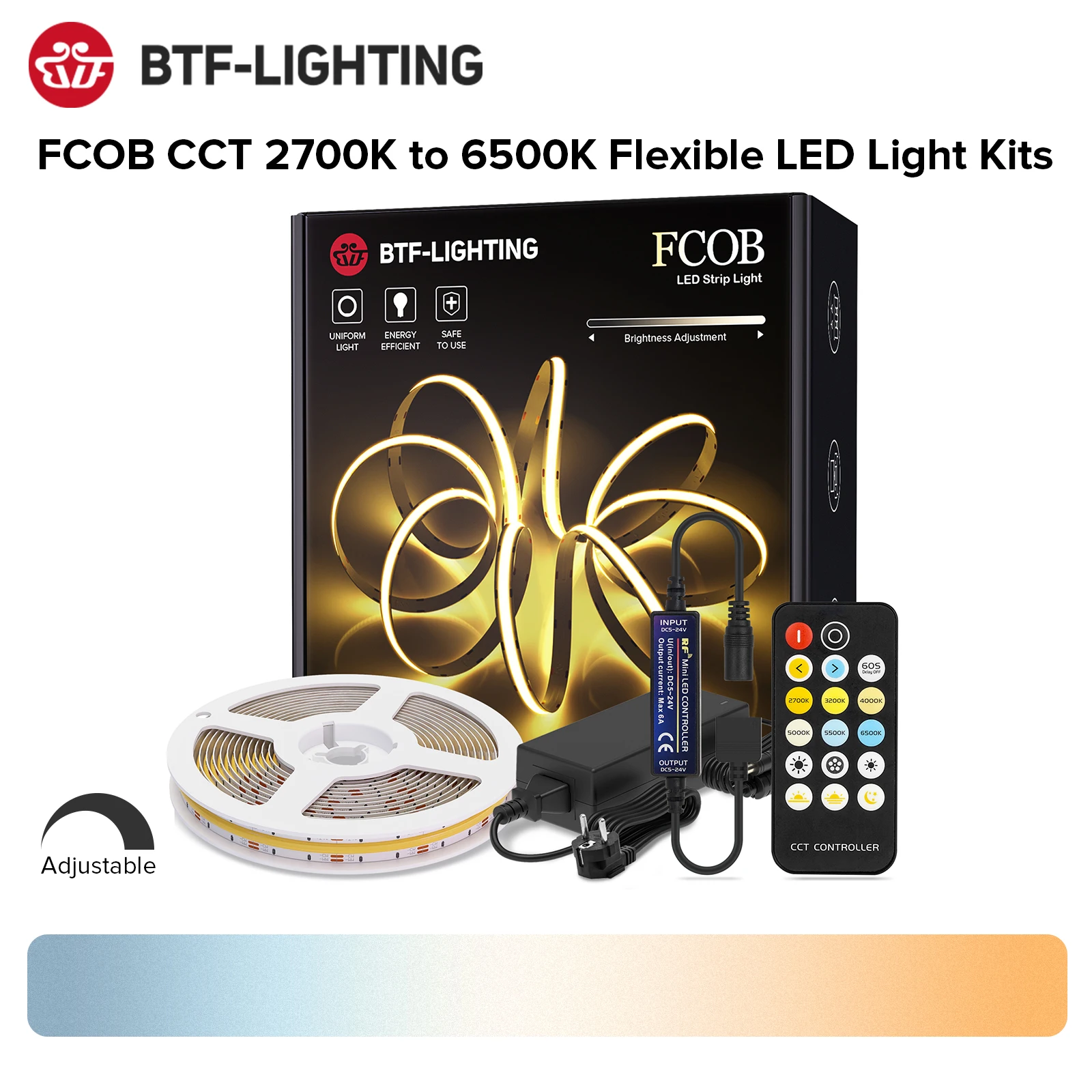 RF 17 Keys Dimmable FCOB CCT LED Light Strip Full Set High Density Flexible FOB COB Led Lights RA90 Warm White with White DC 24V