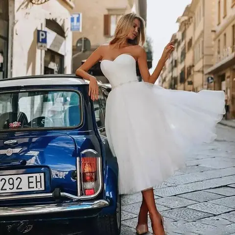 Simple Strapless Wedding Dresses Tea Length Свадебное платье Formal Wedding Bridal Gowns Vestidos De Novia Robe De Mariée