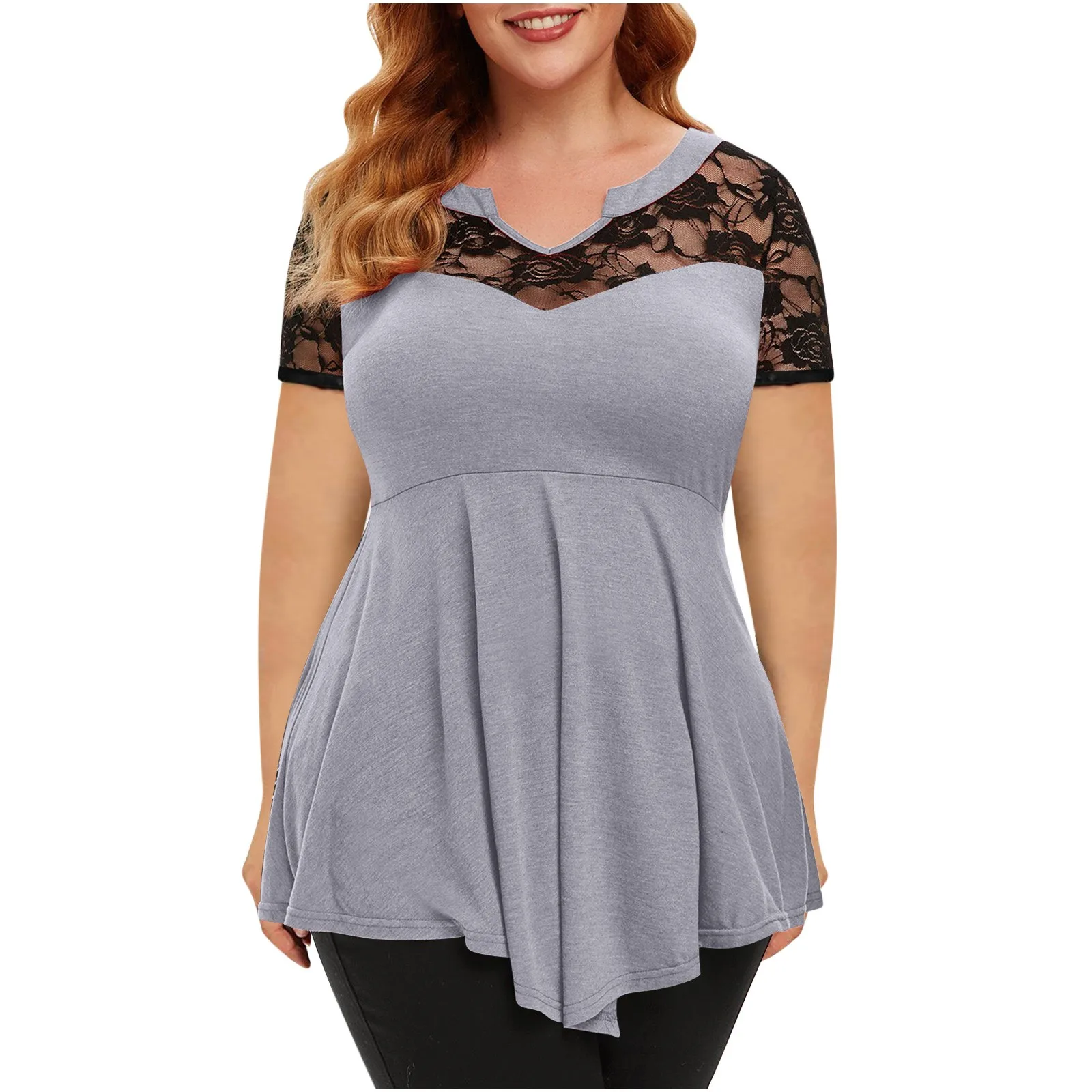 

Plus Size Summer Fashion Patchwork Lace up Blouse Ladies Tops Loose Top Female Women Half Sleeve Shirt Blusas Femininas Pullover