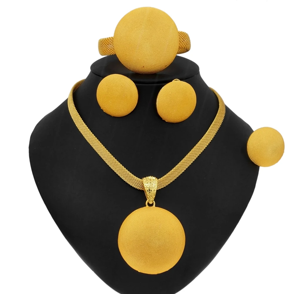 Изысканные Круглые Ювелирные наборы Yulaili с кулоном, женское ожерелье, браслет, серьги, кольцо в румынском золотистом стиле, новейший комплек...
