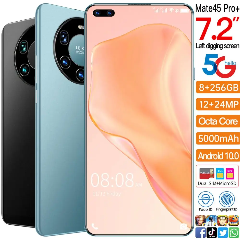 Глобальная версия Mate45 Pro + смартфон 7 2 дюймов полный Экран Octa Core 5000 мА/ч 8 Гб 256 4