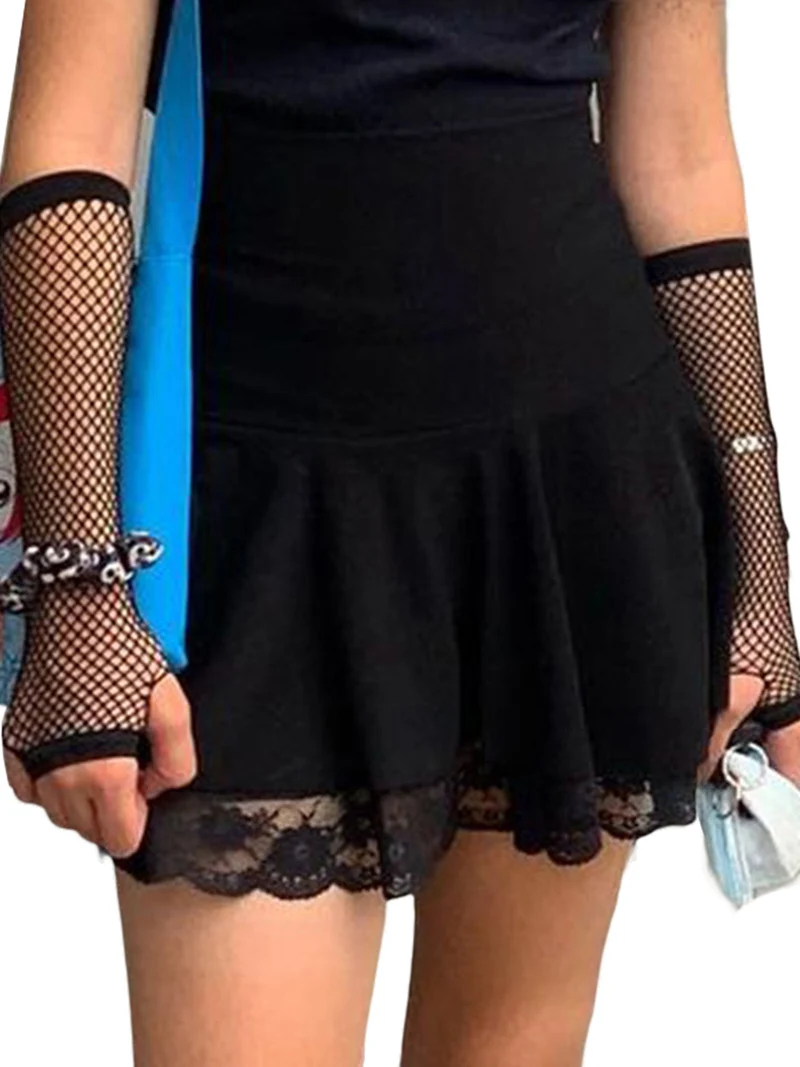 

2021 Women A-Line Skirt Gothic Black Lace Edge High Waist Pleated Punk Style Vintage Party Sexy Ladies Mini Clubwear