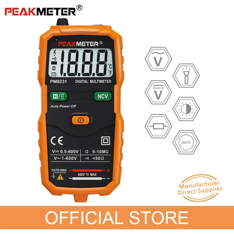 

Цифровой мультиметр PEAKMETER PM8231, автоматический Карманный умный вольтметр, Портативный Миниатюрный ремешок сопротивления тока и освещения