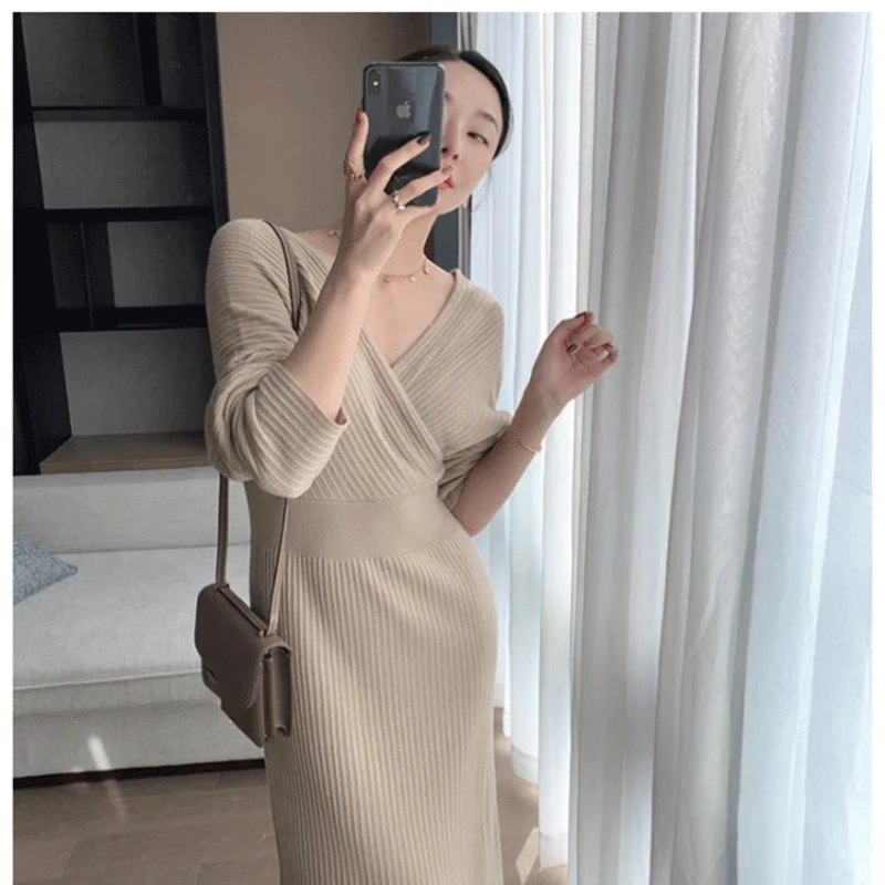 

Lady Elegant V-Neck Bottoming Slim Knit Dress Women's Autumn Winter Waist Closing Sexy Casual Long Sleeve Sweater Female