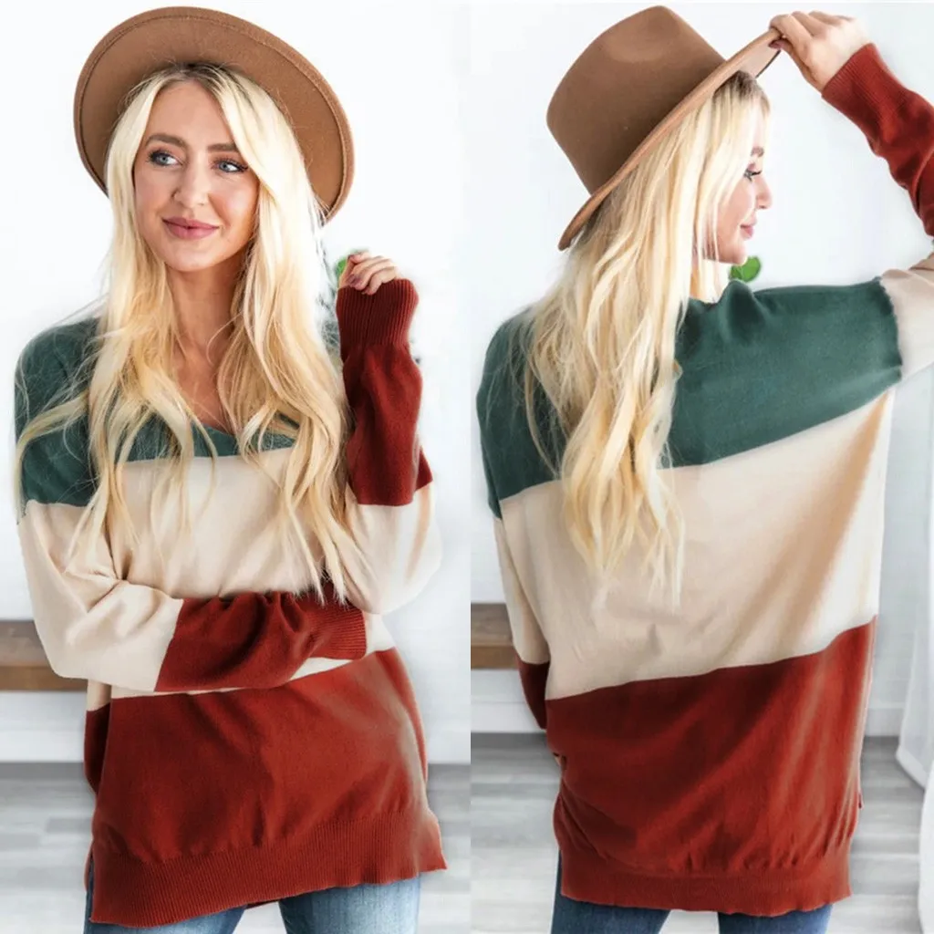 

FREE OSTRICH sweater Ladies loose striped stitching round neck long-sleeved Women pullover sweater Female Top Drop Ship 2020 New