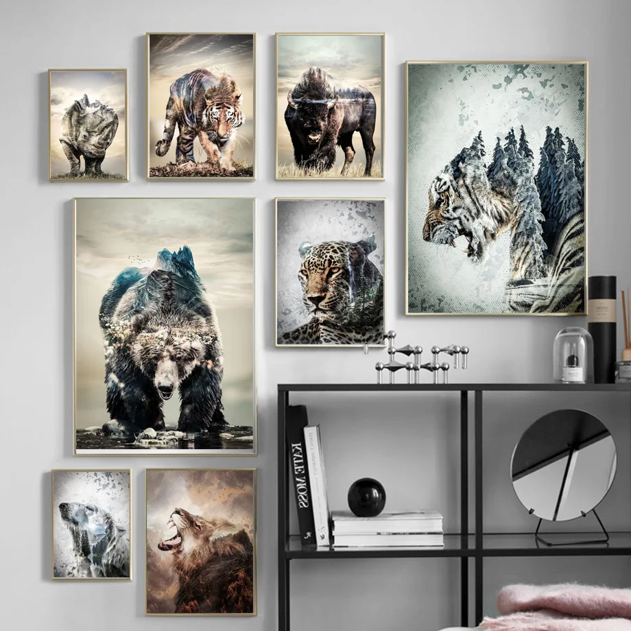 Настенная живопись на холсте абстрактный медведь лев тигр Волк лес горы