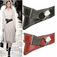 fashion women oblique wide girdle punk rivet retro high quality pu belt elastic female decorative dress overcoat waistband