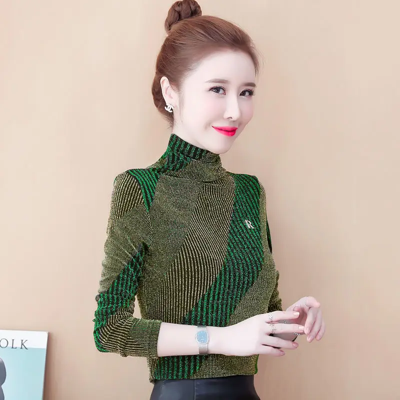 

Plus velvet/no velvet 2020 autumn new Korean women's striped slim bottoming shirt half high neck