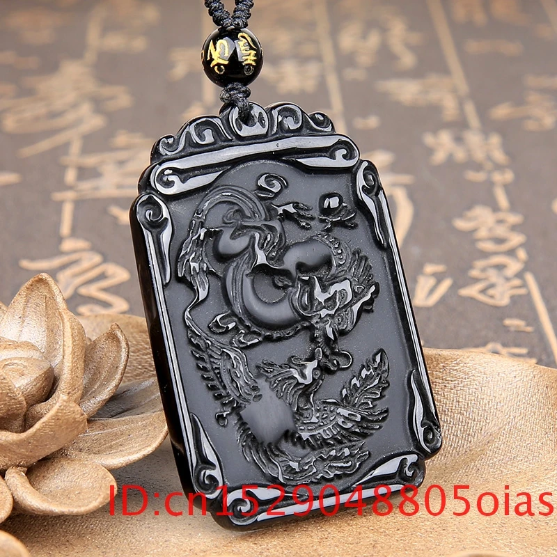 Натуральный черный обсидиан бусы ожерелье ручной работы дракон феникс нефрит