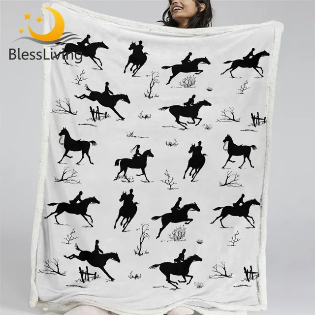 BlessLiving Equestrian Sports Throw Blanket 3D Print Sherpa Blanket Black White Soft Plush Bedspreads Jockey Thin Quilt Dropship 1