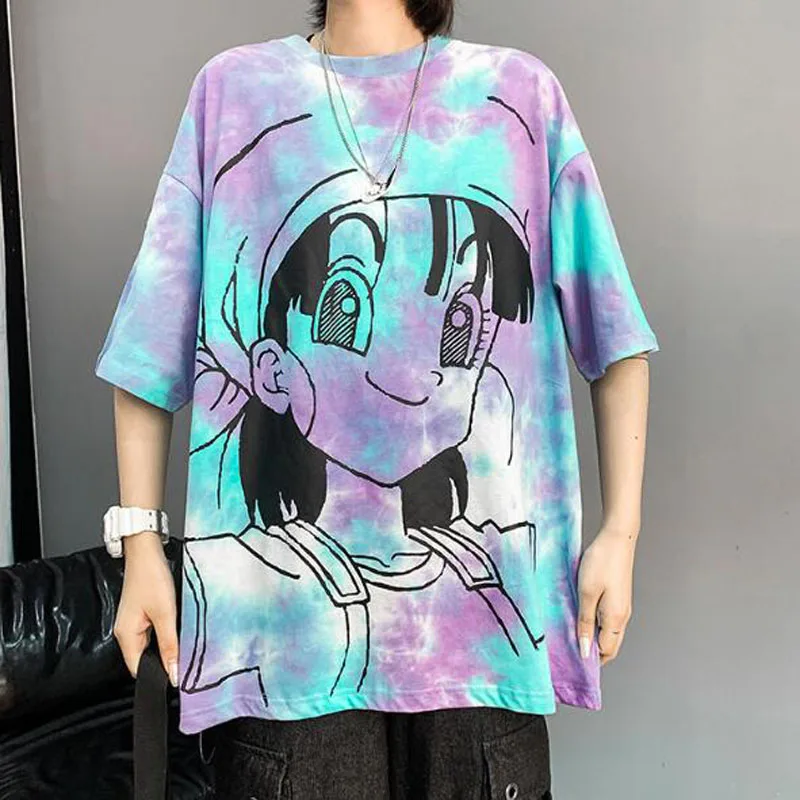 

Футболка женская с принтом из японского мультфильма, Повседневная Свободная рубашка с коротким рукавом и круглым вырезом, с принтом Tie-Dye