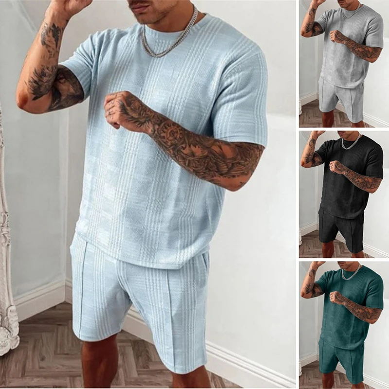 

2021 Summer New Tracksuit Men Casual Sports Set Solid Color Plaid Short Sleeved Shorts Sets Mens Fashion 2 Piece Sportswear
