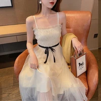 2021 summer korean elegant office lady strap dress women solid lace princess dress sexy female sweet bow one piece dresses party
